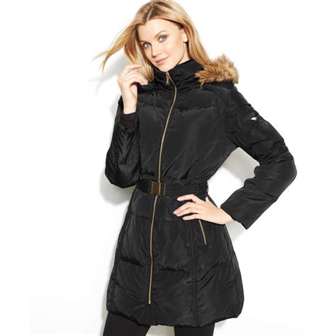 black michael kors jacket furry collar|Michael Kors Faux Fur Collar Belted Puffer Jacket .